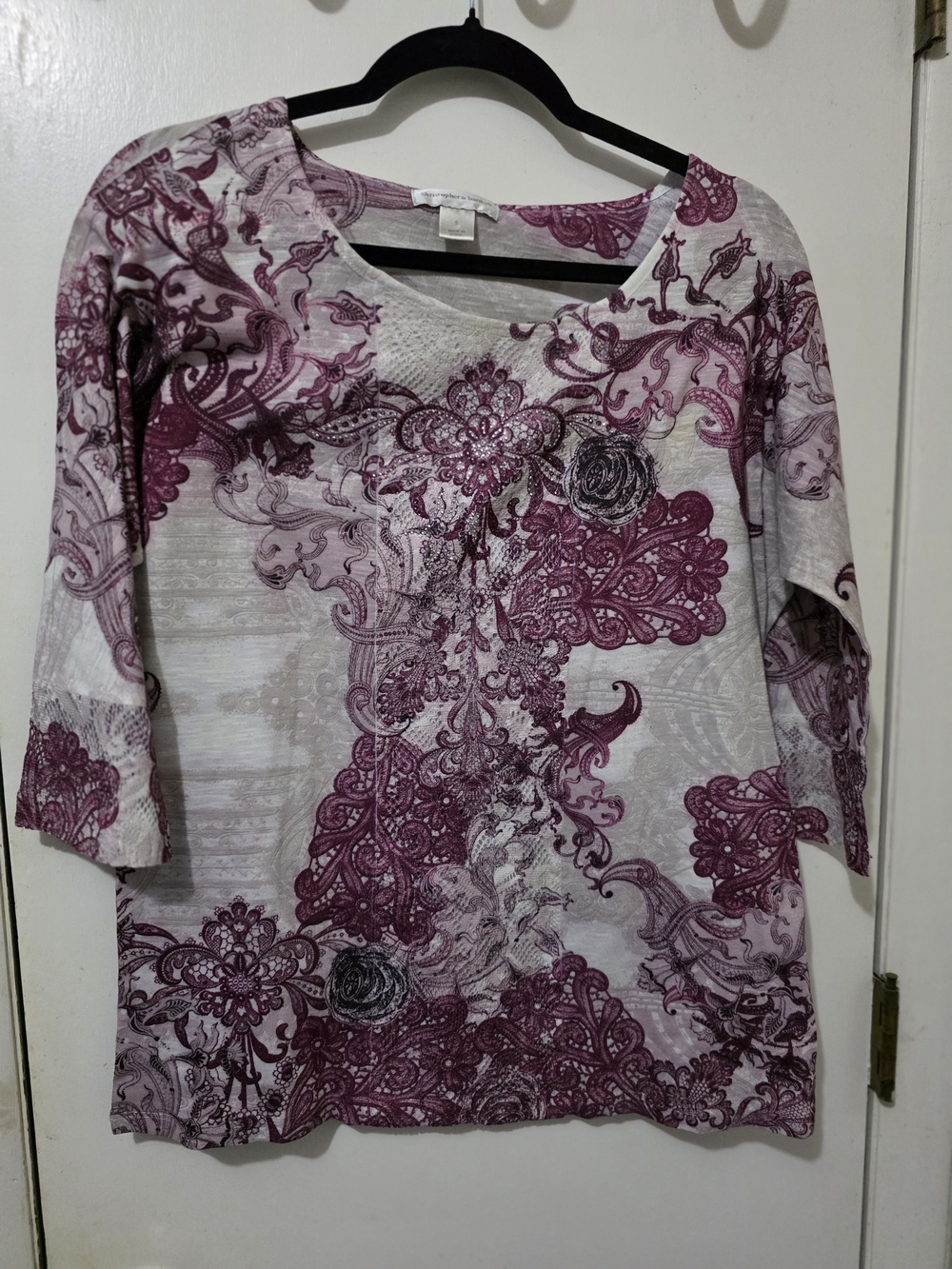 Christopher & Banks Mauve Floral Lace-Pattern Scoop Neck Top